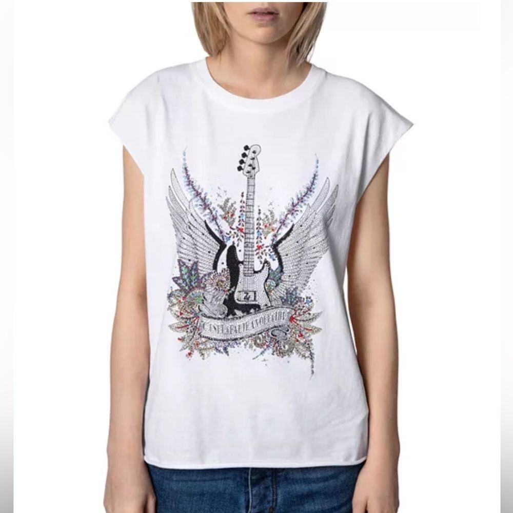 Zadig & Voltaire Cecelia Guitar Crystal Graphic Tee White